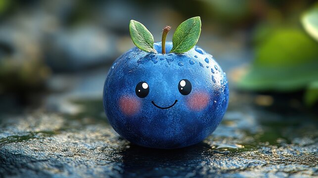 Cute cartoon blueberry with happy face, sitting on wet rock, with dew drops.