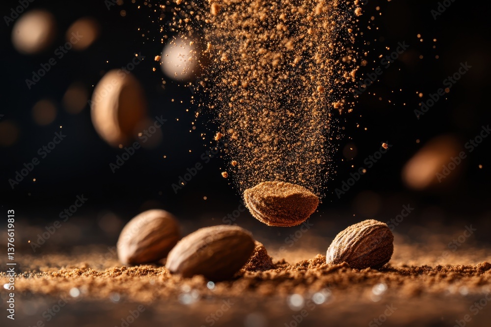 Poster Raw almonds and almond powder create a dynamic display against a dark backdrop during a culinary session