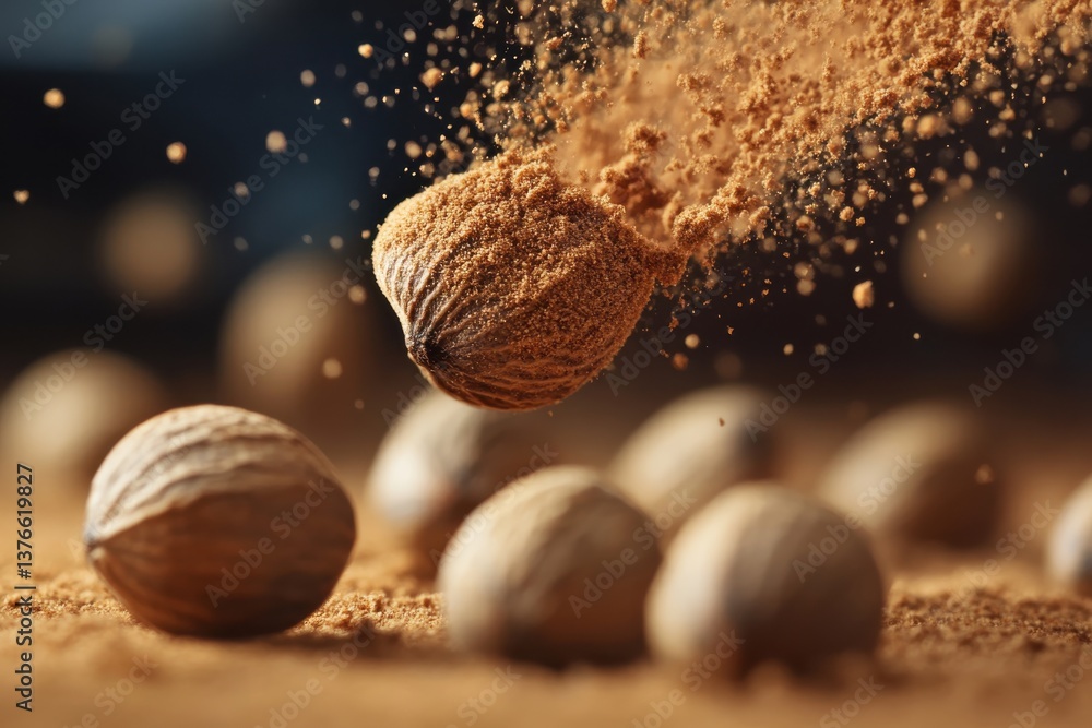 Poster Ground nutmeg is released from its shell with a cloud of spice, showcasing the texture and earthy tones of this aromatic ingredient