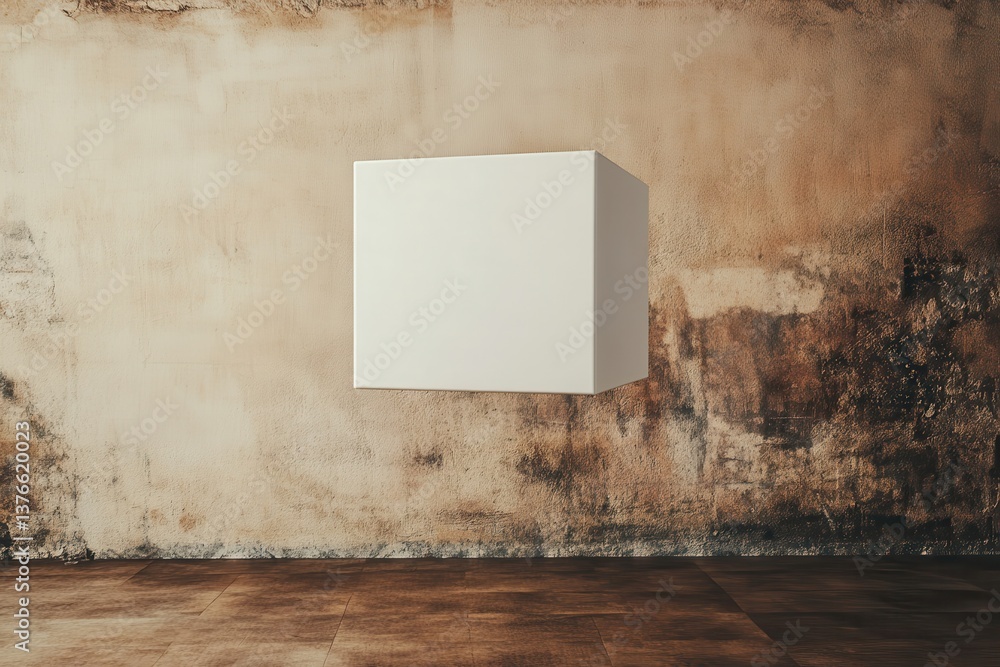 Poster Floating white cube in minimalist space with textured wall and floor tiles showcasing modern design
