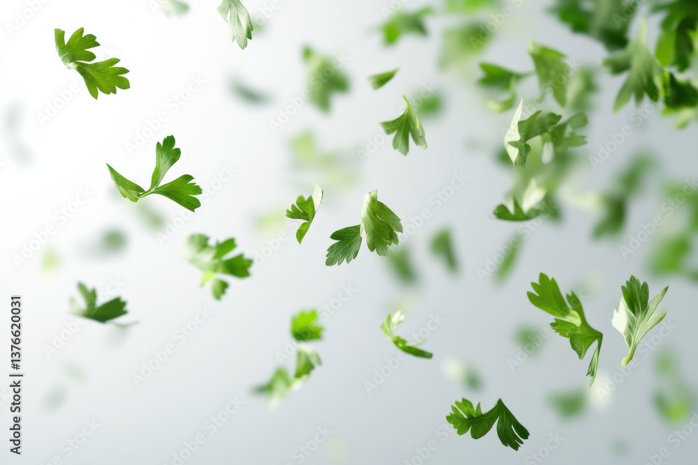 Poster fresh parsley leaves floating in the air create a lively and vibrant atmosphere in the kitchen durin
