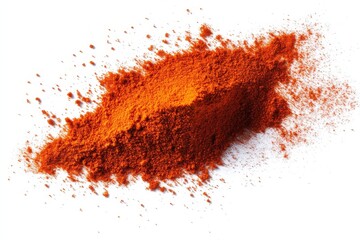 Bright red chili powder scattered on a white surface used in cooking and spice blends