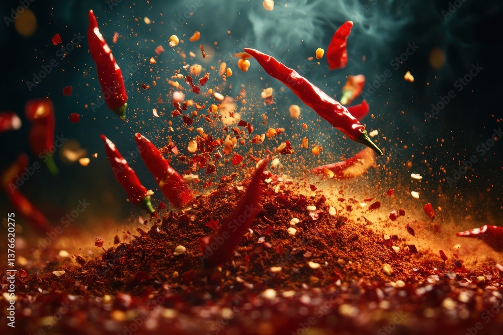 Poster Red chilies and spices explode in a vibrant culinary display at a kitchen setting