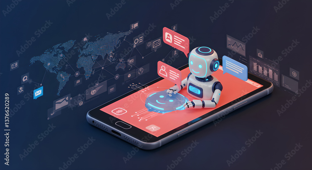 Poster ai assistant robot works on smartphone for digital data and global connection. artificial intelligen