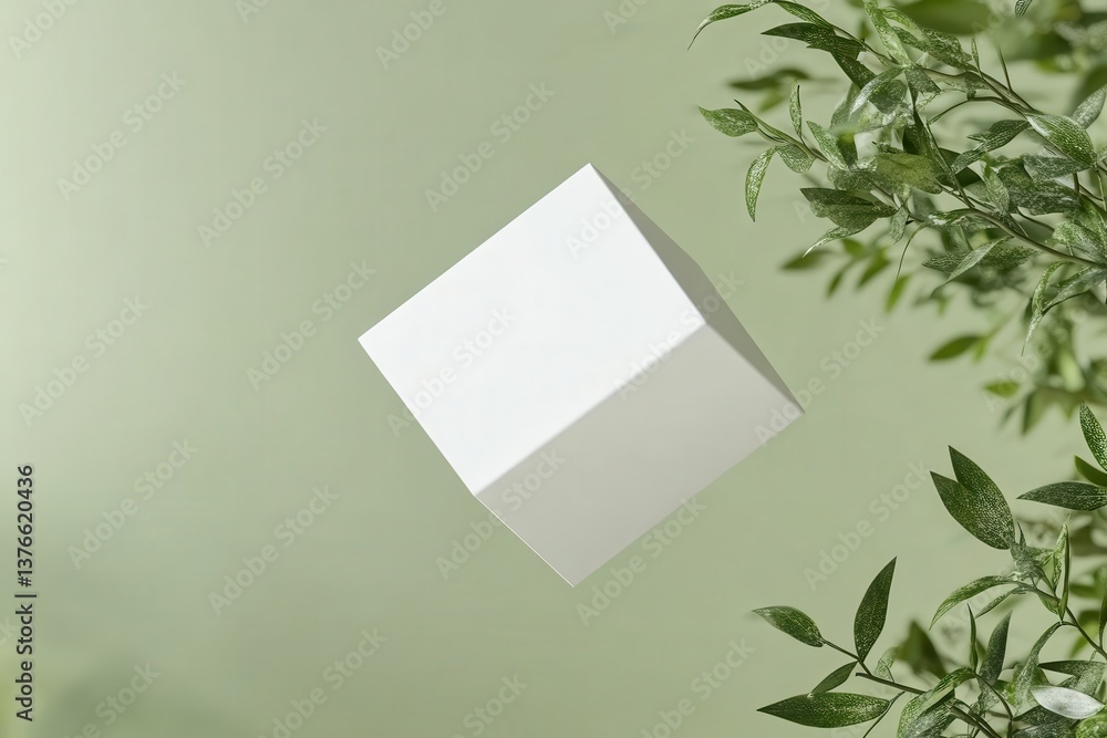 Poster Floating white cube against a green backdrop with greenery in the foreground during daylight