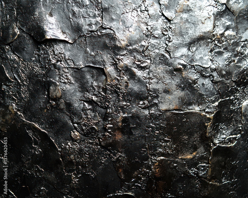 Poster dark, textured surface with deep crevices and irregular patterns. shows signs of weathering or age