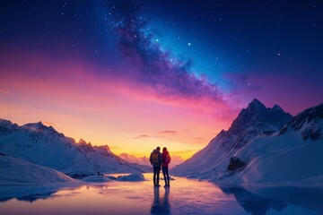 Obraz premium A couple of people standing on top of a snow covered mountain