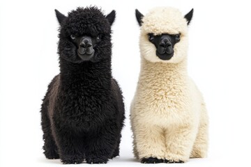 Fototapeta premium Two fluffy llamas pose side by side in a bright and clean environment showcasing their distinct colors and textures