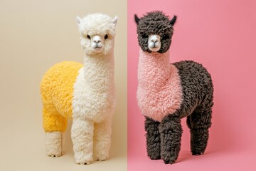 Two adorable alpacas stand side by side, one with a yellow and white coat and the other with a black and pink coat, showcasing their unique colors