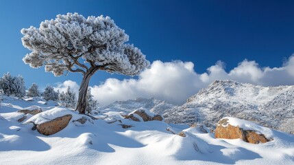 Frosty pine tree on snowy mountainside under a vibrant blue sky.
