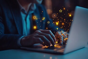 Man Hands Typing Laptop with Golden Digital Icons and Stars Particles Overlay