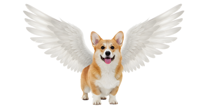 Smiling Corgi Dog with White Wings Standing on White Background