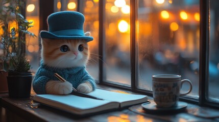 Cute kitten in hat writing in notebook by window at night.