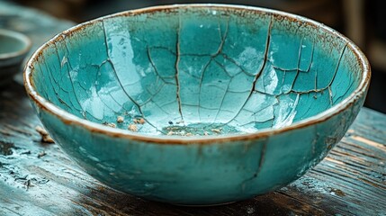 Fototapeta premium Cracked teal ceramic bowl on wooden surface.