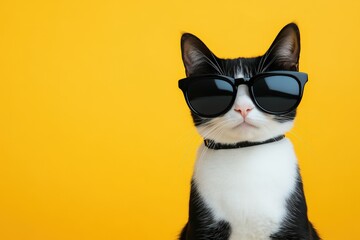 A cool cat wearing sunglasses posing against a bright yellow backdrop