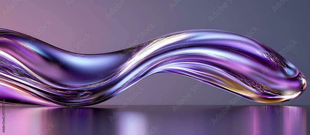 Poster flowing liquid metal wave in purple and silver colors creates dynamic abstract shape on reflective s