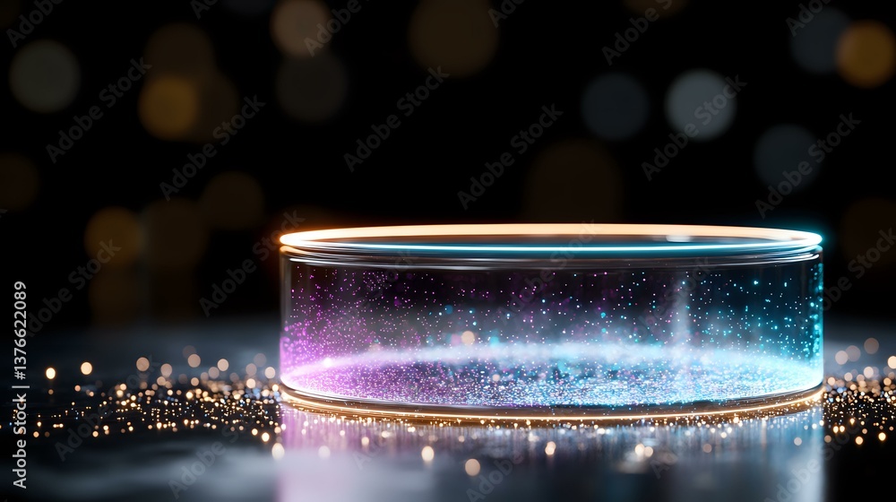 Aufkleber glowing neon ring with cosmic galaxy effect on dark background with bokeh lights and sparkles, futur