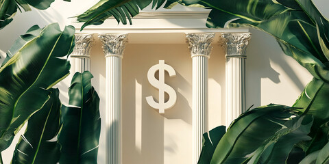 Classical columns frame a dollar sign, partially obscured by tropical leaves, suggesting financial growth within a lush, exotic setting