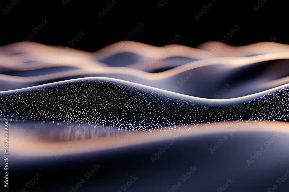 Poster abstract macro landscape with smooth rolling waves of dark material covered in tiny light particles,