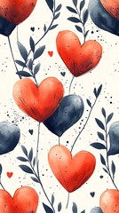 Vibrant Red and Blue Hearts Intertwined with Leafy Vines on Cream Background

