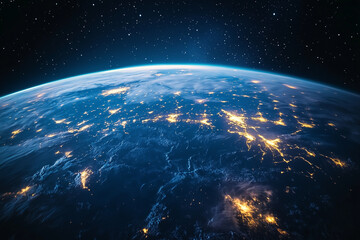 Obraz premium stunning night view of Earth from atmosphere, showcasing glowing city lights and vast oceans under starry sky. beauty of our planet is truly captivating