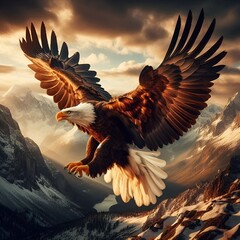 Golden eagle in flight above snowy mountain peaks, capturing the spirit of freedom and wilderness.
