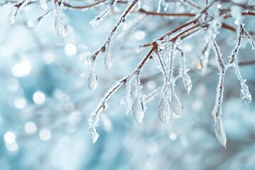Frozen Branches with Ice Droplets Sparkling in Winter Light Macro
