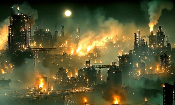 Industrial cityscape ablaze at night. Refineries and smoke pollute the sky under a moon