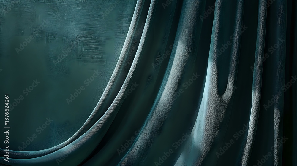 Poster elegant dark teal fabric drapes with soft folds and gentle curves creating dramatic shadows and high