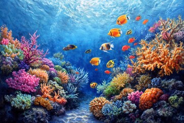 Naklejka premium Swimming Fish in Colorful Coral Reef Underwater Scene Marine Life