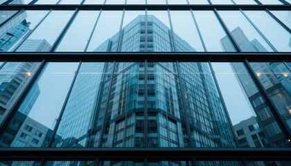 A detailed macro shot of a glass office building with mirrored panels capturing urban life
