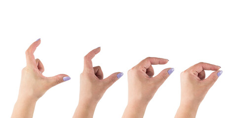A female hand, isolated on a white background, is shown in four different positions