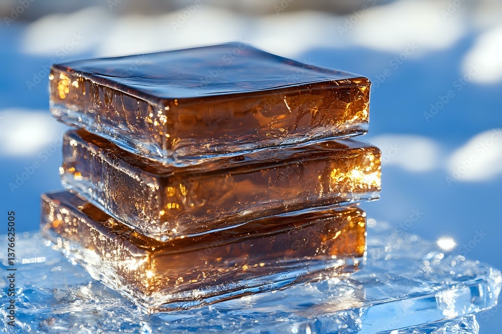 Poster stack of dark chocolate squares with caramel layers on crystal ice background with sunlight reflecti