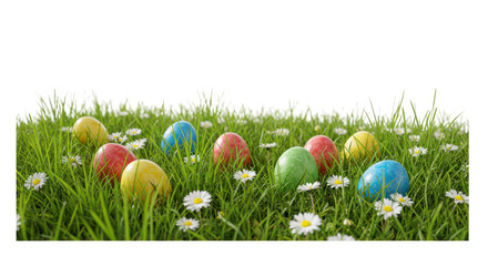 Colorful easter eggs nestled in green grass with daisies