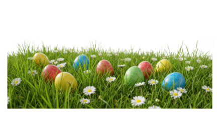 Colorful easter eggs nestled in green grass with daisies