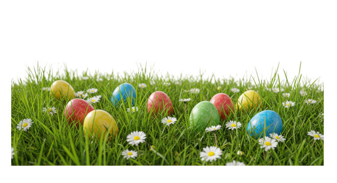 Colorful easter eggs nestled in green grass with daisies - Powered by Adobe