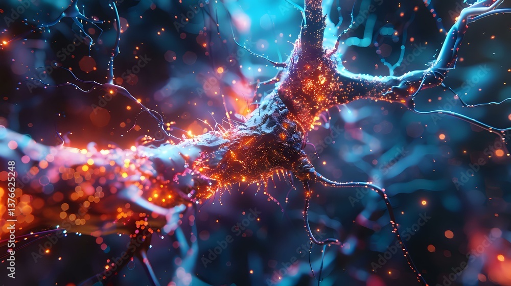 Poster glowing neuron cell with electrical synaptic connections in orange and blue colors against dark back