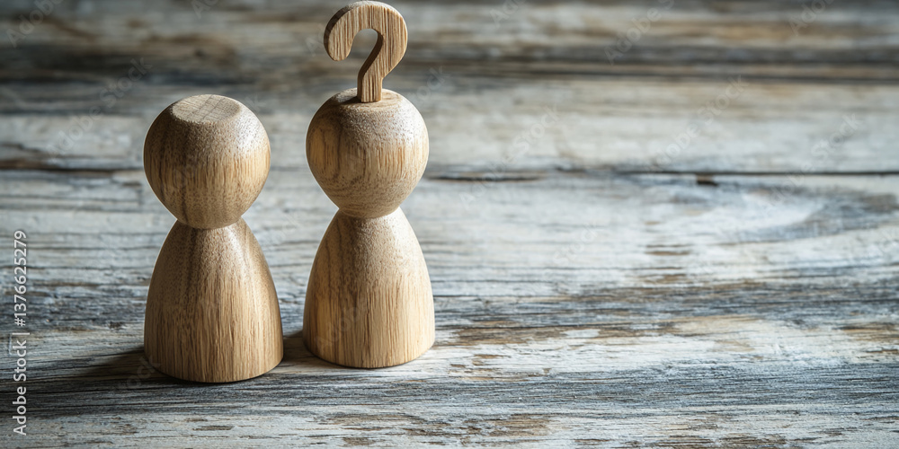 Poster two wooden figures stand on a rustic wooden surface, a question mark atop one, symbolizing uncertain