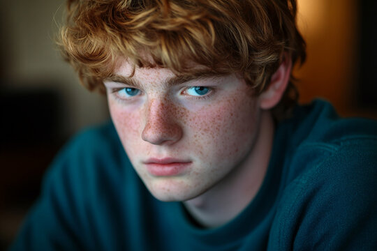 Close-up portrait of a teenage boy with red curly hair and freckles, wearing a teal sweater. The image conveys youth, innocence, and a pensive mood.