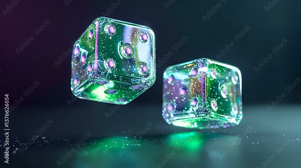Poster glowing translucent dice with bubbles floating in green liquid against dark background. magical gami