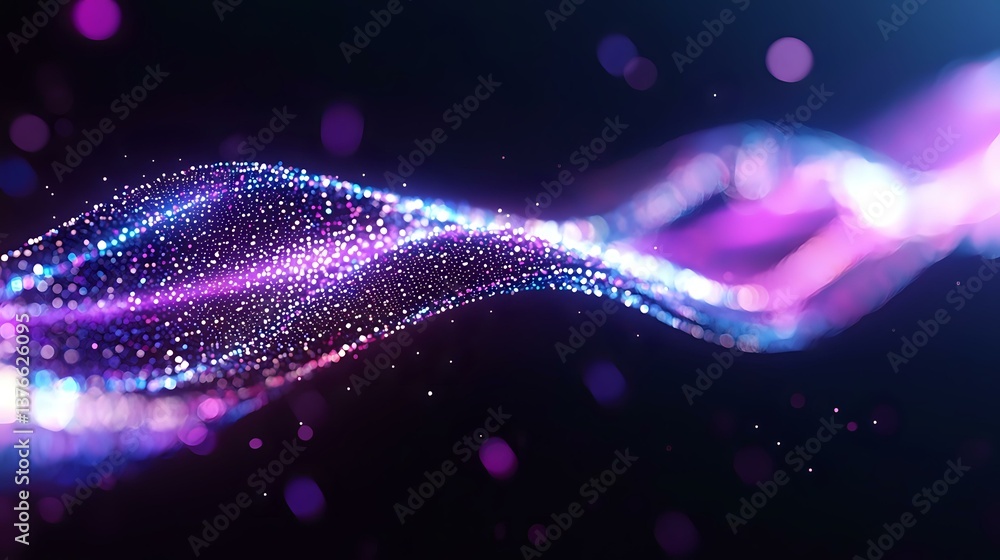 Poster magical glowing particles flow in waves of purple and blue light against dark background, creating e