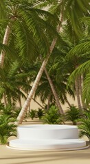 Obraz premium Tropical product presentation scene with clean podium and coconut grove backdrop