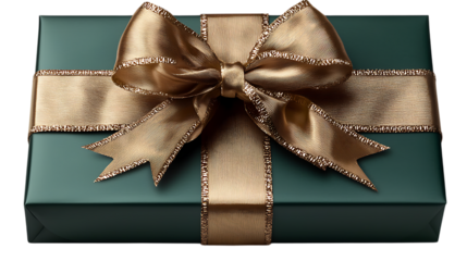 A dark green luxury gift box adorned with a golden ribbon and a large decorative bow. The matte and metallic contrast gives it a premium look, isolated on transparent background.