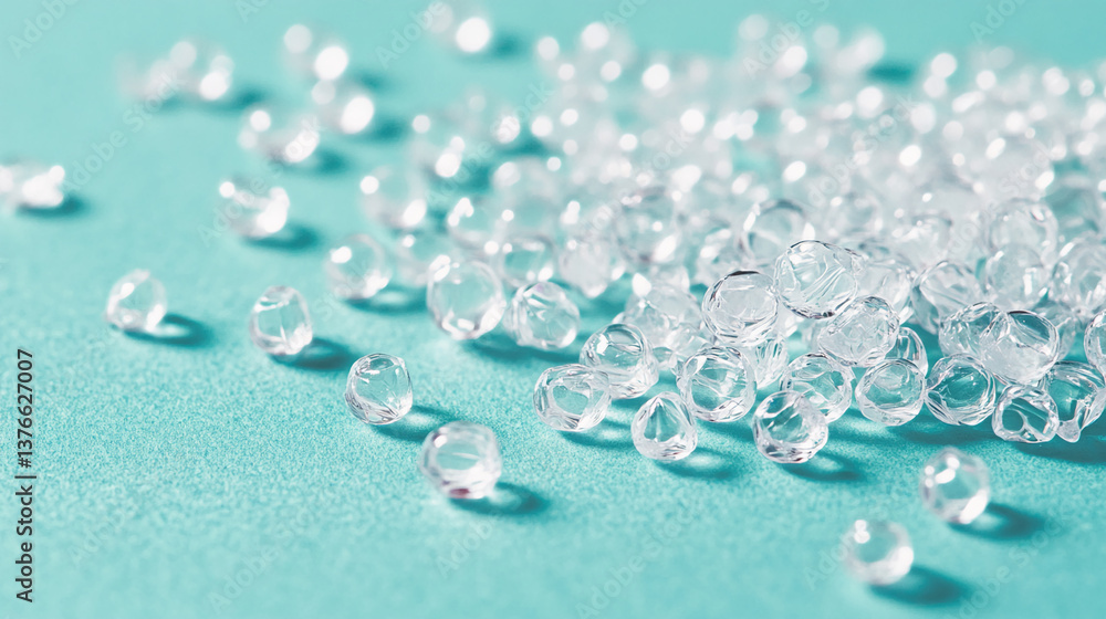 Poster Clear glass beads scattered on teal background, creating a clean and refreshing aesthetic. Showcase potential for product display or design element, suggesting purity and elegance