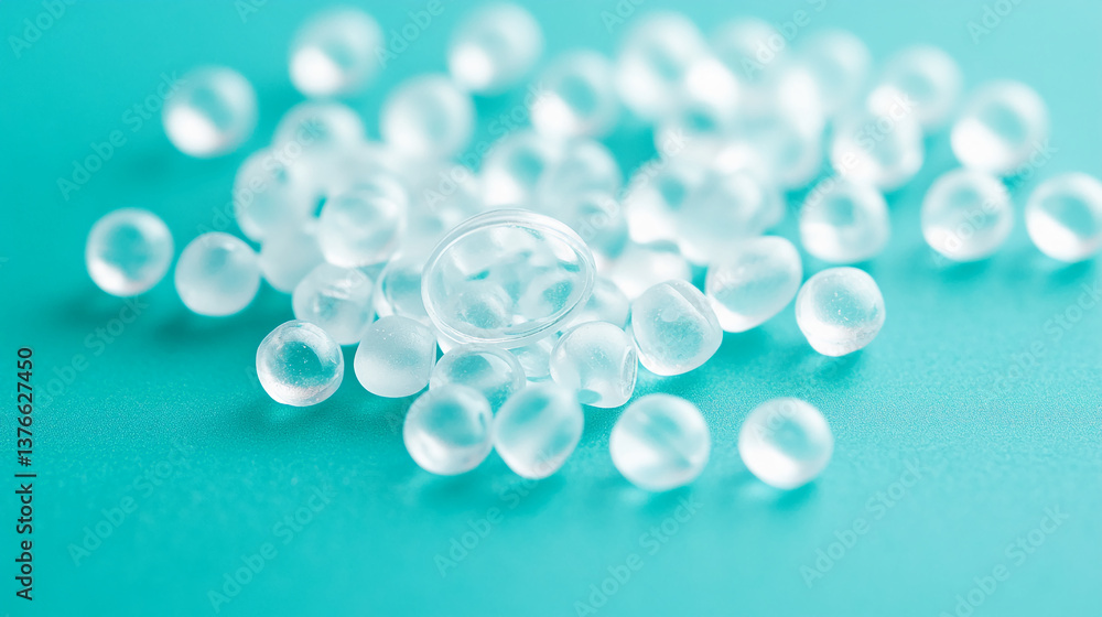 Aufkleber close-up of translucent spheres on teal background, creating a clean and refreshing aesthetic. sugge