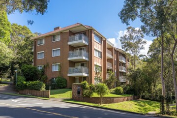 Obraz premium an apartment building in the Sydney suburbs, with a brick facade, white windows, and greenery around it A small entrance gate leads to another area behind which there are more trees Generative AI