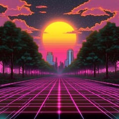 Retro Sunset Cityscape Road.