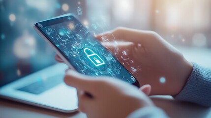 Person Holds Blue Glowing Padlock Display on Phone, Digital Security Concept