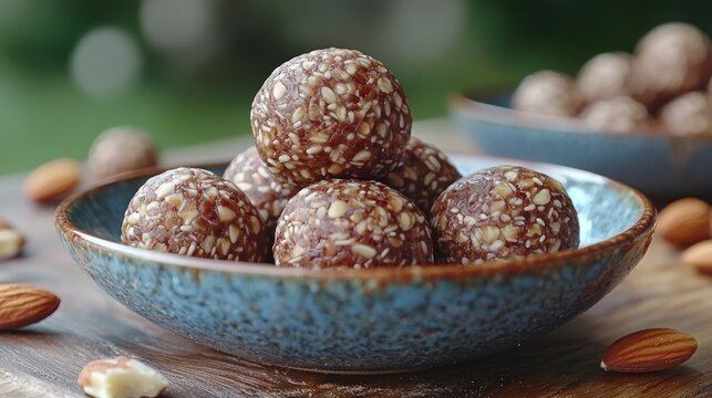 Delicious homemade energy balls, rolled in almonds, neatly arranged in a bowl.  Healthy snack