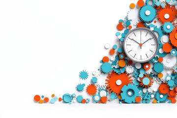 Abstract Clock and Gears Design with Orange and Blue Elements on White Background